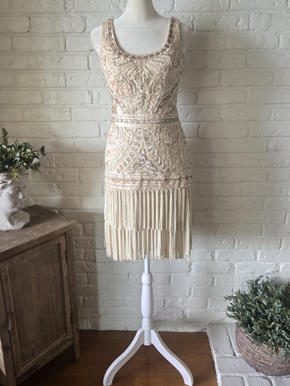 Vtg Sue Wong Embellished Fringe Mini Dress, Champagne/Cream, 4, Wedding, Party